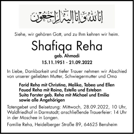 Traueranzeige von Shafiqa Reha von Bergsträßer Anzeiger