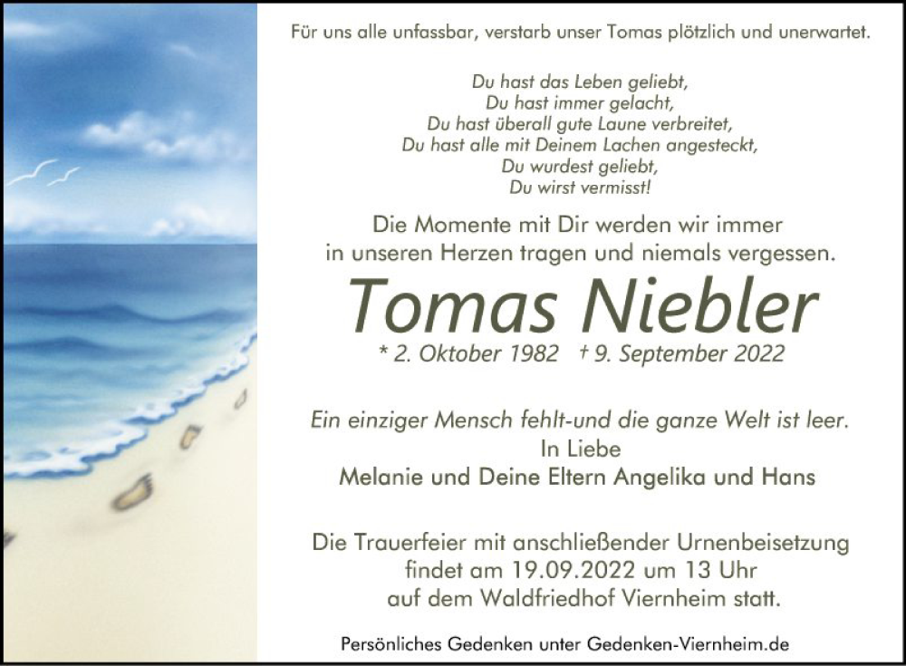  Traueranzeige für Tomas Niebler vom 16.09.2022 aus Mannheimer Morgen