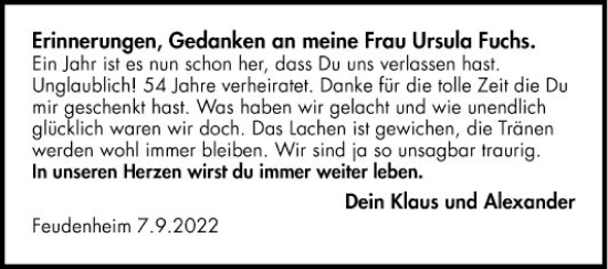 Traueranzeige von Ursula Fuchs von Mannheimer Morgen