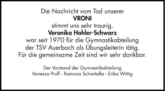 Traueranzeige von Veronika Hohler-Schwarz von Bergsträßer Anzeiger