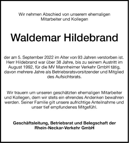 Traueranzeige von Waldemar Hildebrand von Mannheimer Morgen