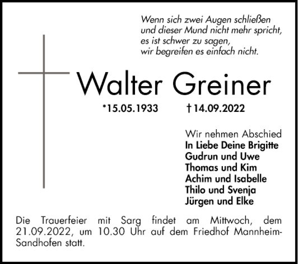  Traueranzeige für Walter Greiner vom 17.09.2022 aus Mannheimer Morgen
