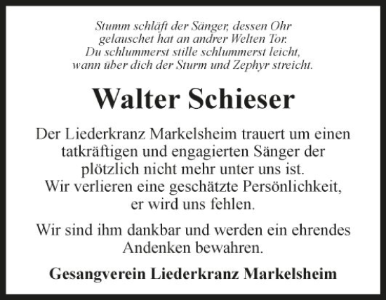 Traueranzeige von Walter Schieser von Fränkische Nachrichten