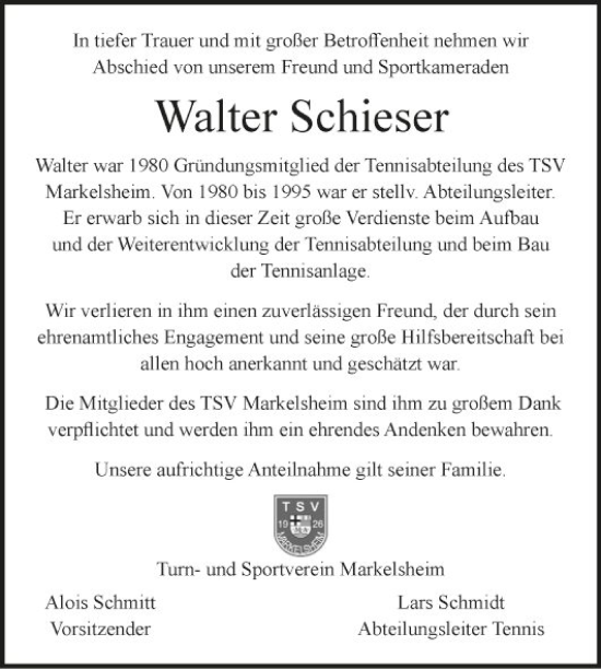 Traueranzeige von Walter Schieser von Fränkische Nachrichten