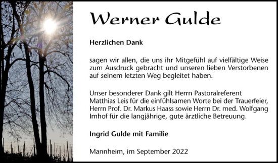Traueranzeige von Werner Gulde von Mannheimer Morgen
