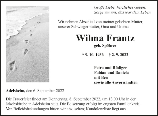 Traueranzeige von Wilma Frantz von Fränkische Nachrichten