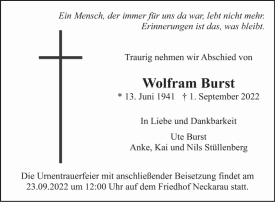 Traueranzeige von Wolfram Burst von Mannheimer Morgen