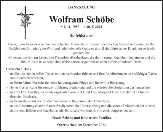 Traueranzeige von Wolfram Schöbe von Fränkische Nachrichten