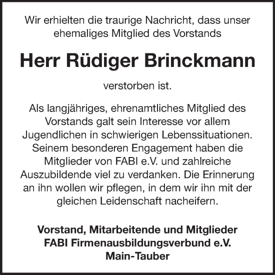 Traueranzeige von Rüdiger Brinckmann von Fränkische Nachrichten