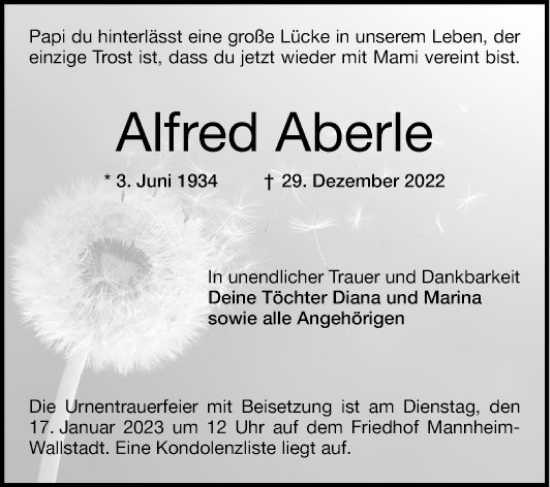 Traueranzeige von Alfred Aberle von Mannheimer Morgen