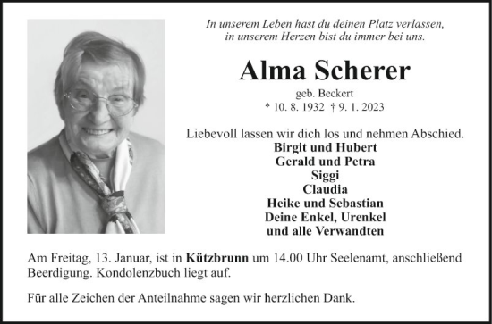 Traueranzeige von Alma Scherer von Fränkische Nachrichten