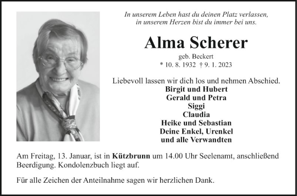  Traueranzeige für Alma Scherer vom 12.01.2023 aus Fränkische Nachrichten