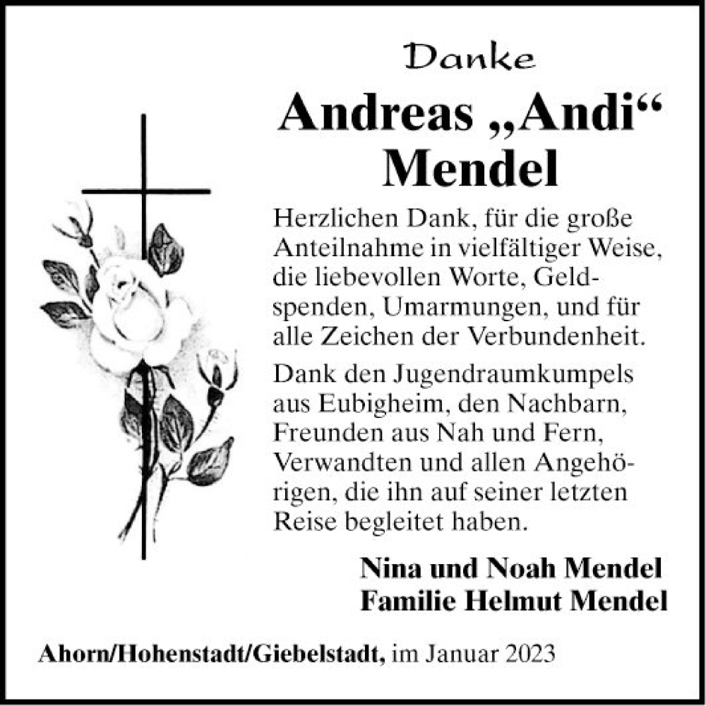  Traueranzeige für Andreas Mendel vom 21.01.2023 aus Fränkische Nachrichten