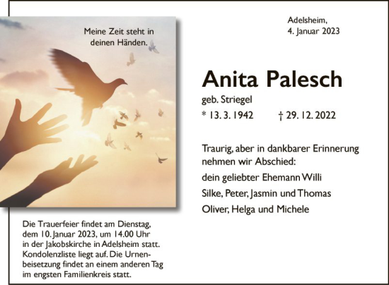 Traueranzeige von Anita Palesch von Fränkische Nachrichten