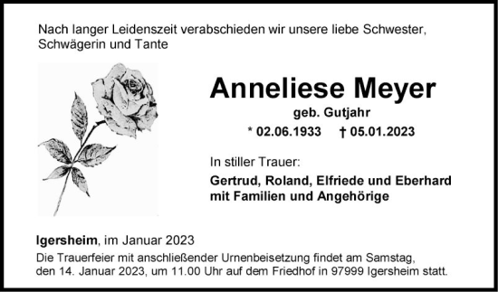 Traueranzeige von Anneliese Meyer von Fränkische Nachrichten