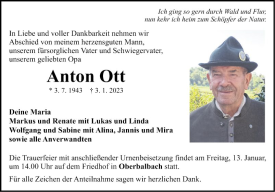 Traueranzeige von Anton Ott von Fränkische Nachrichten