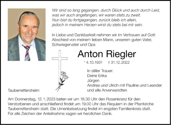 Traueranzeige von Anton Riegler von Fränkische Nachrichten