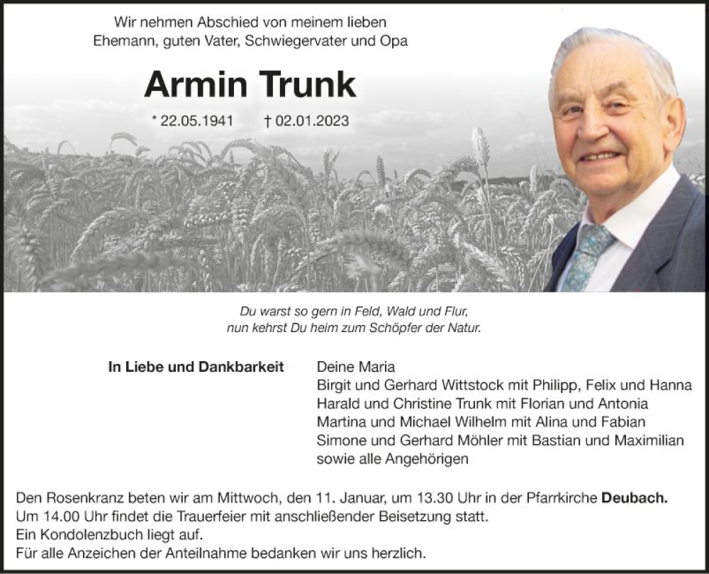  Traueranzeige für Armin Trunk vom 07.01.2023 aus Fränkische Nachrichten