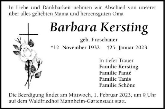 Traueranzeige von Barbara Kersting von Mannheimer Morgen