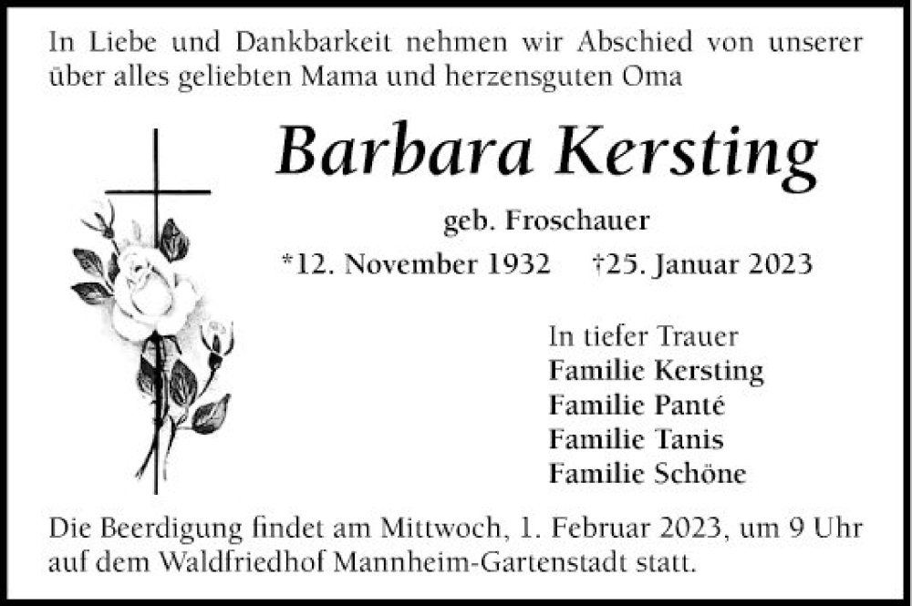  Traueranzeige für Barbara Kersting vom 28.01.2023 aus Mannheimer Morgen
