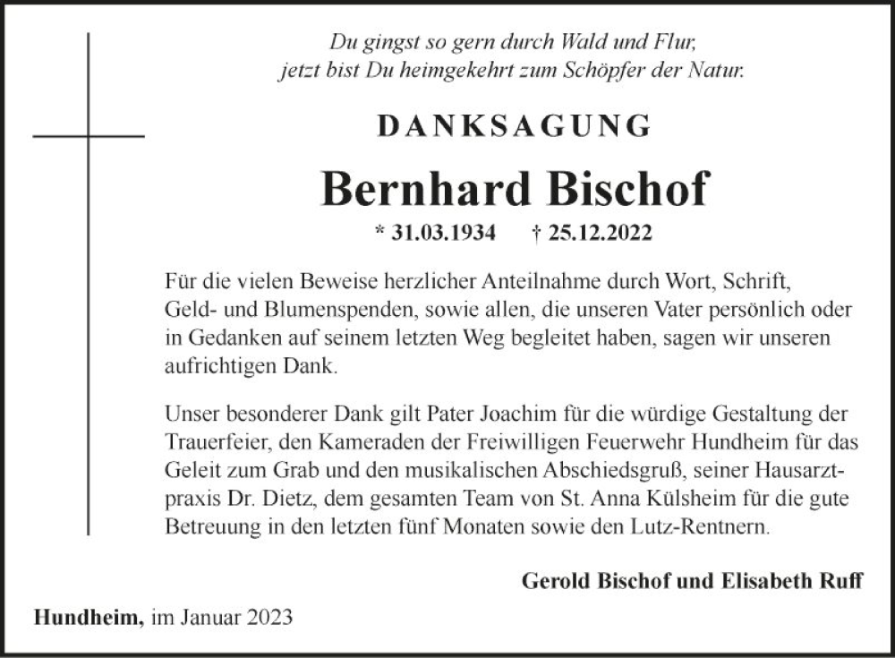  Traueranzeige für Bernhard Bischof vom 21.01.2023 aus Fränkische Nachrichten