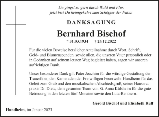 Traueranzeige von Bernhard Bischof von Fränkische Nachrichten