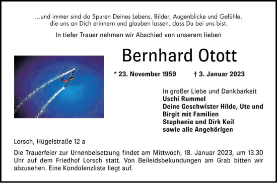 Traueranzeige von Bernhard Otott von Bergsträßer Anzeiger