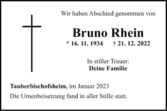 Traueranzeige von Bruno Rhein von Fränkische Nachrichten