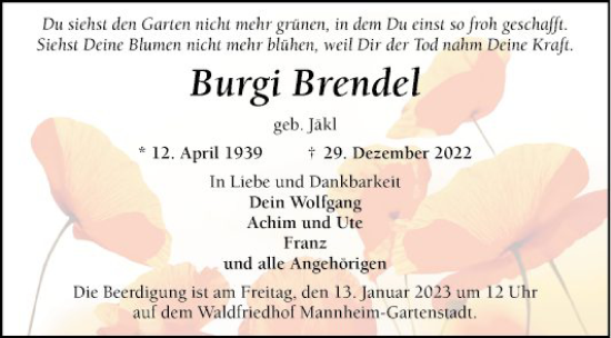 Traueranzeige von Burgi Brendel von Mannheimer Morgen