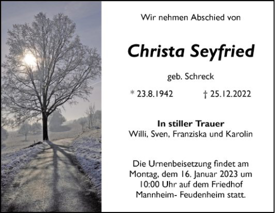 Traueranzeige von Christa Seyfried von Mannheimer Morgen