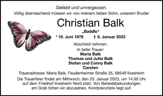 Traueranzeige von Christian Balk von Mannheimer Morgen