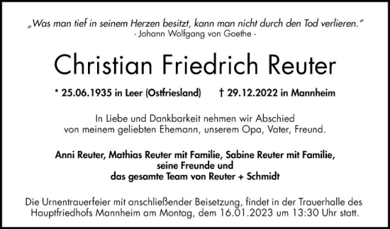 Traueranzeige von Christian Friedrich Reuter von Mannheimer Morgen