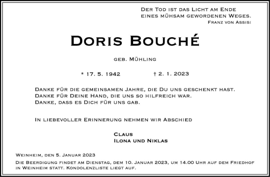 Traueranzeige von Doris Bouché von Mannheimer Morgen