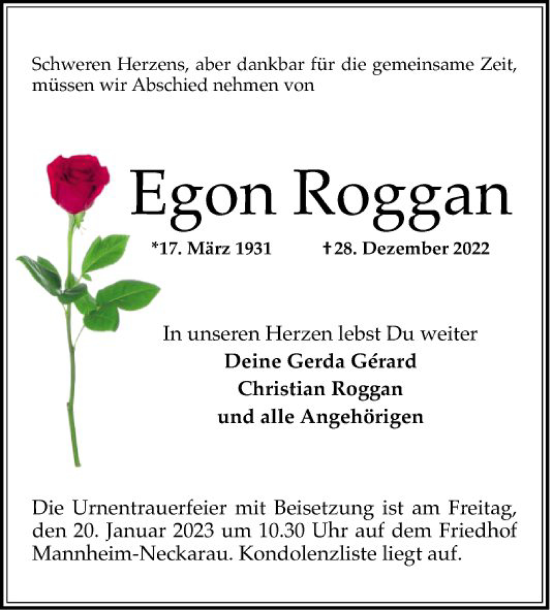 Traueranzeige von Egon Roggan von Mannheimer Morgen