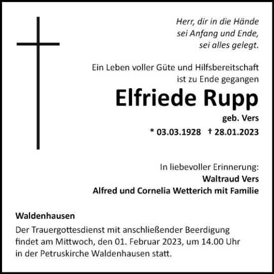 Traueranzeige von Elfriede Rupp von Fränkische Nachrichten