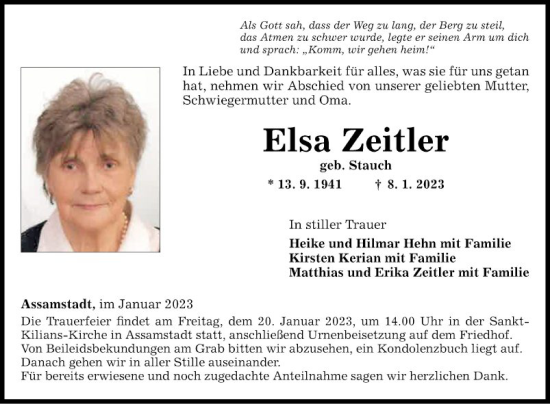 Traueranzeige von Elsa Zeitler von Fränkische Nachrichten