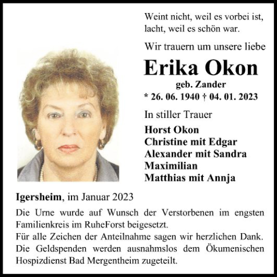 Traueranzeige von Erika Okon von Fränkische Nachrichten