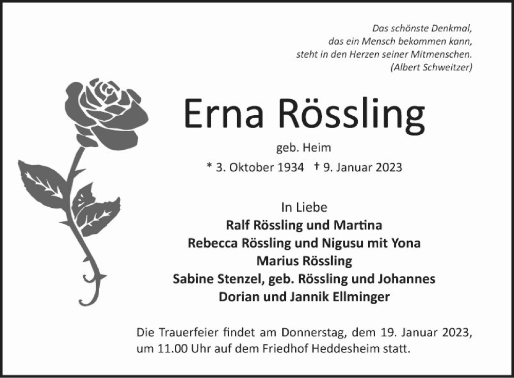  Traueranzeige für Erna Rössling vom 14.01.2023 aus Mannheimer Morgen