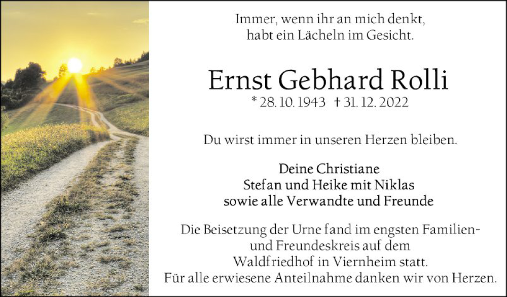  Traueranzeige für Ernst Gebhard Rolli vom 21.01.2023 aus Mannheimer Morgen