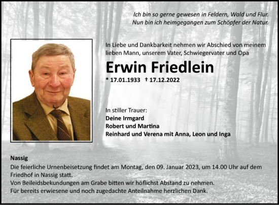 Traueranzeige von Erwin Friedlein von Fränkische Nachrichten