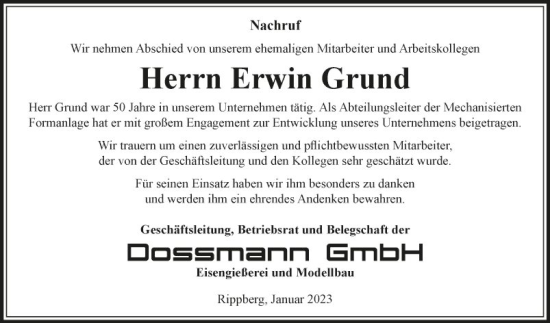 Traueranzeige von Erwin Grund von Fränkische Nachrichten