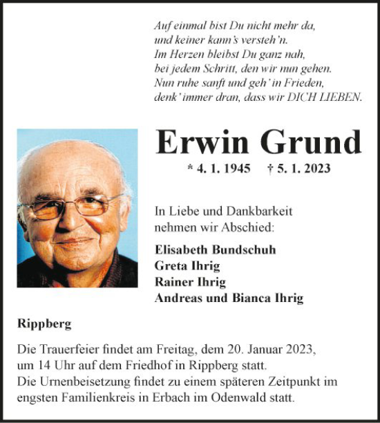 Traueranzeige von Erwin Grund von Fränkische Nachrichten