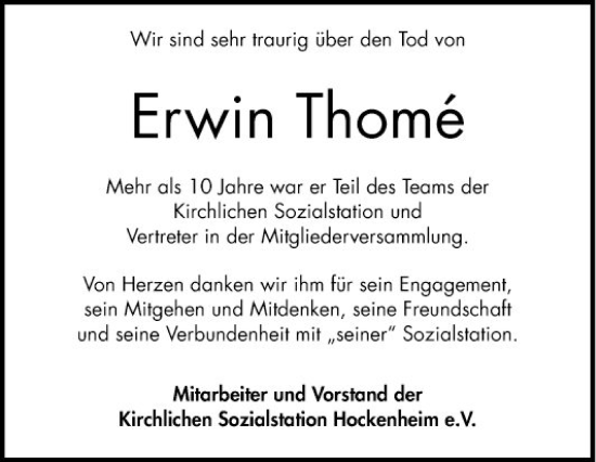 Traueranzeige von Erwin Thome von Schwetzinger Zeitung