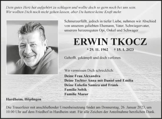 Traueranzeige von Erwin Tkocz von Fränkische Nachrichten