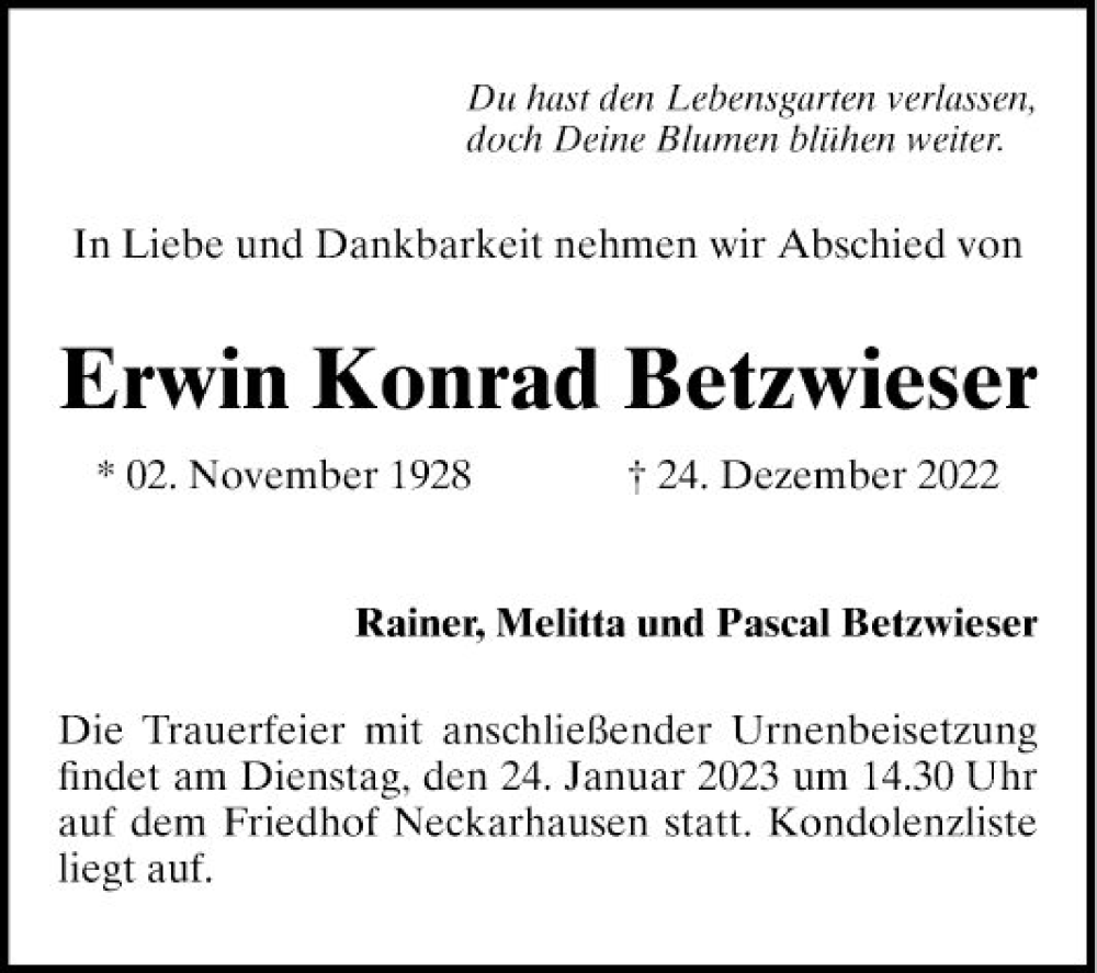  Traueranzeige für Erwin Konrad Betzwieser vom 21.01.2023 aus Mannheimer Morgen