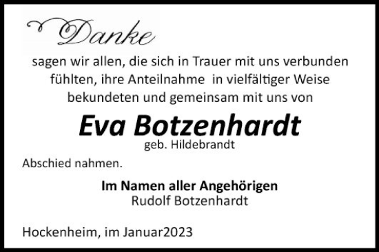 Traueranzeige von Eva Botzenhardt von Schwetzinger Zeitung