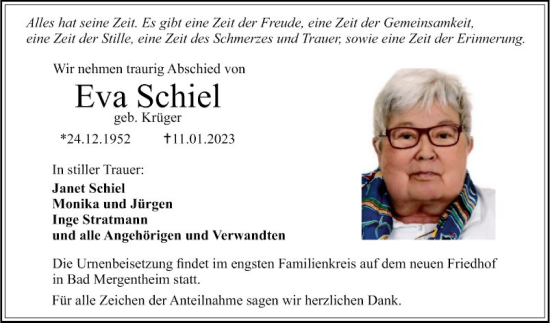 Traueranzeige von Eva Schiel von Fränkische Nachrichten