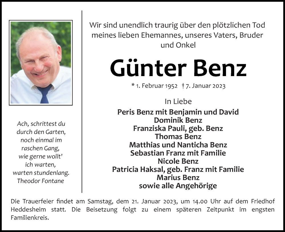  Traueranzeige für Günter Benz vom 18.01.2023 aus Mannheimer Morgen