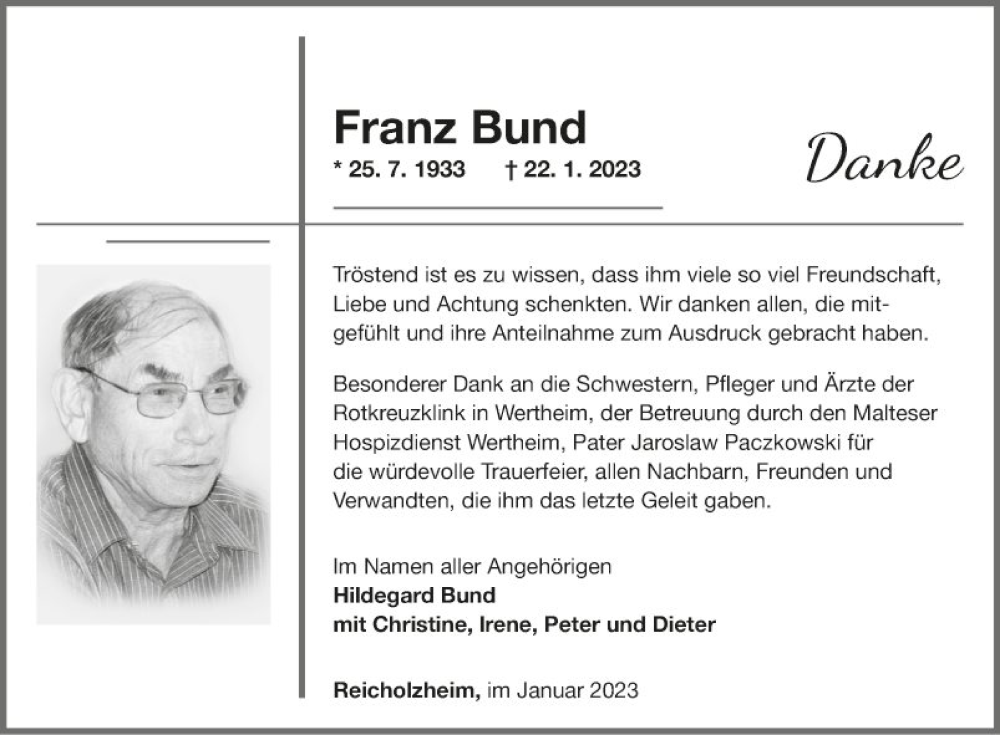  Traueranzeige für Franz Bund vom 28.01.2023 aus Fränkische Nachrichten
