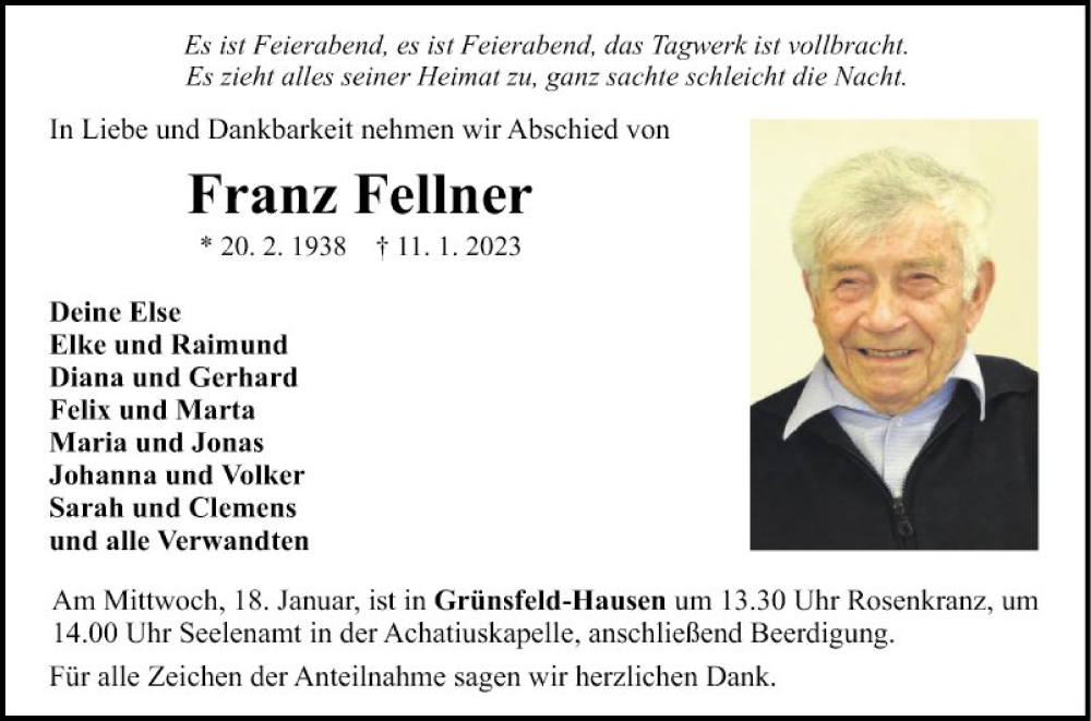  Traueranzeige für Franz Fellner vom 14.01.2023 aus Fränkische Nachrichten